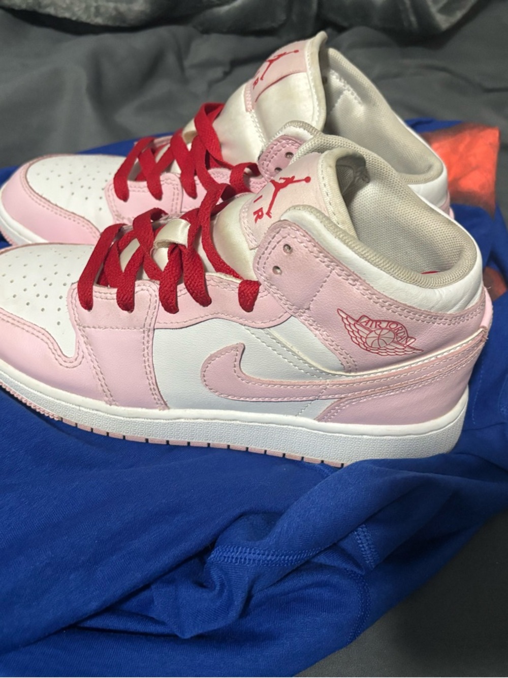 Nike Kids Pink and White Air Jordan 1 Low with Red Laces